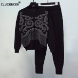 Luxurious Tassel Knitted Tracksuit Sweatshirts Autumn Casual Suit Women Clothing 2 Piece set Knit Pant Sporting Suit Female