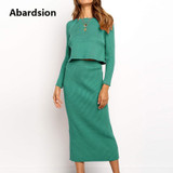 Abardsion Two Piece Set Women Knitted Sweater Suit Long Sleeve Pullovers Autumn Winter Warm 2 Piece Bodycon Midi Skirt Outfits