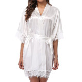 Sexy Wedding Dressing Gown Women Short Satin Bride Robe Lace Silk Kimono Bathrobe Summer Bridesmaid Nightwear Peignoir