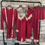2018 Women Satin Sleepwear 5 Pieces Pyjamas Sexy Lace Pajamas Sleep Lounge Pijama Silk Night Home Clothing Pajama Suit