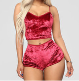 US Fashion Women 2pcs Velvet Sleepwear Sexy Spaghetti Strap Velvet Shorts Pajama Set Ladies Sleepwear female Pajama Party Set
