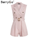 BerryGo women rompers Elegant sashes khaki playsuit Summer womens jumpsuit Office ladies playsuit pockets button zipper rompers