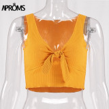 Aproms Ribbed Bow Tie Camisole Tank Tops Women Summer Basic Crop Top Streetwear Fashion 2019 Cool Girls Cropped Tees Camis
