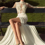 Sexy High Collar Lace Stitching Perspective Evening Dresses