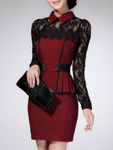 Fold-Over Collar  Patchwork  Lace Bodycon Dress