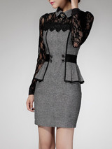 Fold-Over Collar  Patchwork  Lace Bodycon Dress