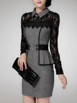 Fold-Over Collar  Patchwork  Lace Bodycon Dress