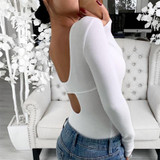 Sexy Single Breasted Low Cut Round Solid Color Long Sleeve T-Shirt
