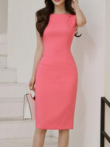 Boat Neck  Plain Bodycon Dress