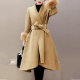 Lapel Belt Plain High-Low Swing Wrap Woolen Coat