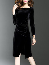 Round Neck  Slit  Plain Bodycon Dress
