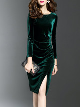 Round Neck  Slit  Plain Bodycon Dress