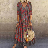 Bohemian V Neck Colour Block Printed Colour Three-Quarter Dress