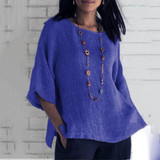 Casual Round Neck Three Quarter Sleeve Plain Blouse