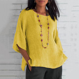Casual Round Neck Three Quarter Sleeve Plain Blouse