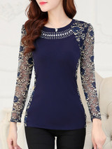 Round Neck  Beading  Hollow Out Lace Blouses