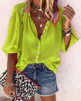 Casual V Neck  Pure Colour Single-Breasted Blouse Casual V Neck  Pure Colour Single-Breasted Blouse
