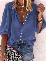 Casual V Neck  Pure Colour Single-Breasted Blouse Casual V Neck  Pure Colour Single-Breasted Blouse