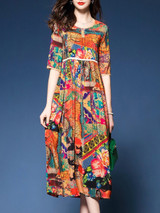 Colorful Printed Round Neck Empire Maxi Dress