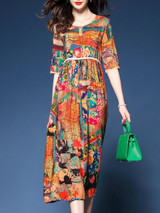 Colorful Printed Round Neck Empire Maxi Dress