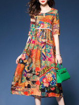 Colorful Printed Round Neck Empire Maxi Dress