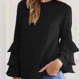 Round Neck  Flounce  Plain Blouses