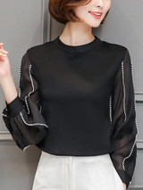Chic Band Collar  Contrast Stitching  Hollow Out Blouse Chic Band Collar  Contrast Stitching  Hollow Out Blouse