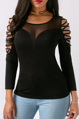 Round Neck  Hollow Out Plain T-Shirts