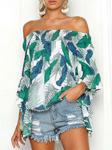 Off Shoulder  Backless  Abstract Print  Blouses