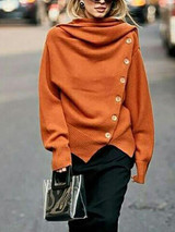 Fashion High Collar Single-Breasted Pure Colour Sweater
