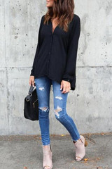 V Neck  Asymmetric Hem Single Breasted  Plain  Blouses V Neck  Asymmetric Hem Single Breasted  Plain  Blouses