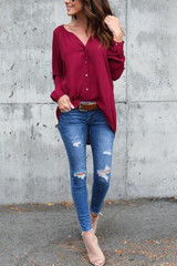 V Neck  Asymmetric Hem Single Breasted  Plain  Blouses V Neck  Asymmetric Hem Single Breasted  Plain  Blouses