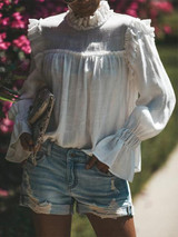 Casual Pure Color Long   Sleeve Chiffon Shirt Blouse