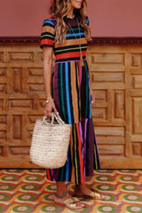 Round Neck Color Block Striped Maxi Dresses