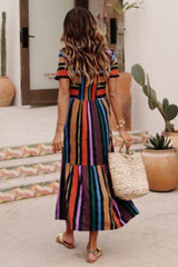 Round Neck Color Block Striped Maxi Dresses