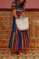 Round Neck Color Block Striped Maxi Dresses