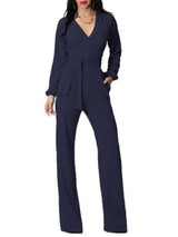 Fashion V Neck Trim Body With Long Sleeve Solid Color Jumpsuit