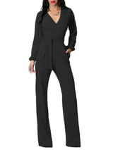 Fashion V Neck Trim Body With Long Sleeve Solid Color Jumpsuit