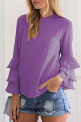 Round Neck  Plain  Bell Sleeve  Blouses