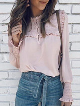 Round Neck Long Sleeve Button Ruched Blouses