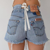Pure Color High Waist Tie Denim Shorts