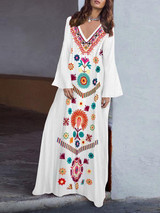 Cotton/Linen V-Neck  Printed Fringed  Casual Maxi Dress