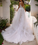 V-Neck Sleeveless Backless Long Train Bridal Gown