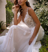 V-Neck Sleeveless Backless Long Train Bridal Gown