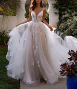V-Neck Sleeveless Backless Long Train Bridal Gown