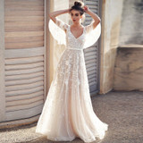 Tulle Appliques V-Neck Backless Romantic Bridal Gown