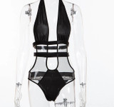 Halter Mesh Patchwork Backless Bodysuit