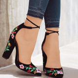 Embroidery Flower Ankle Strap Shoes