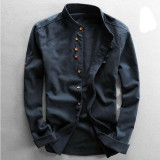 Men's Cotton Linen Long Sleeve Casual Slim Mandarin Collar Shirts