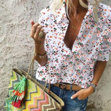 Turn Down Collar  Print  Blouses